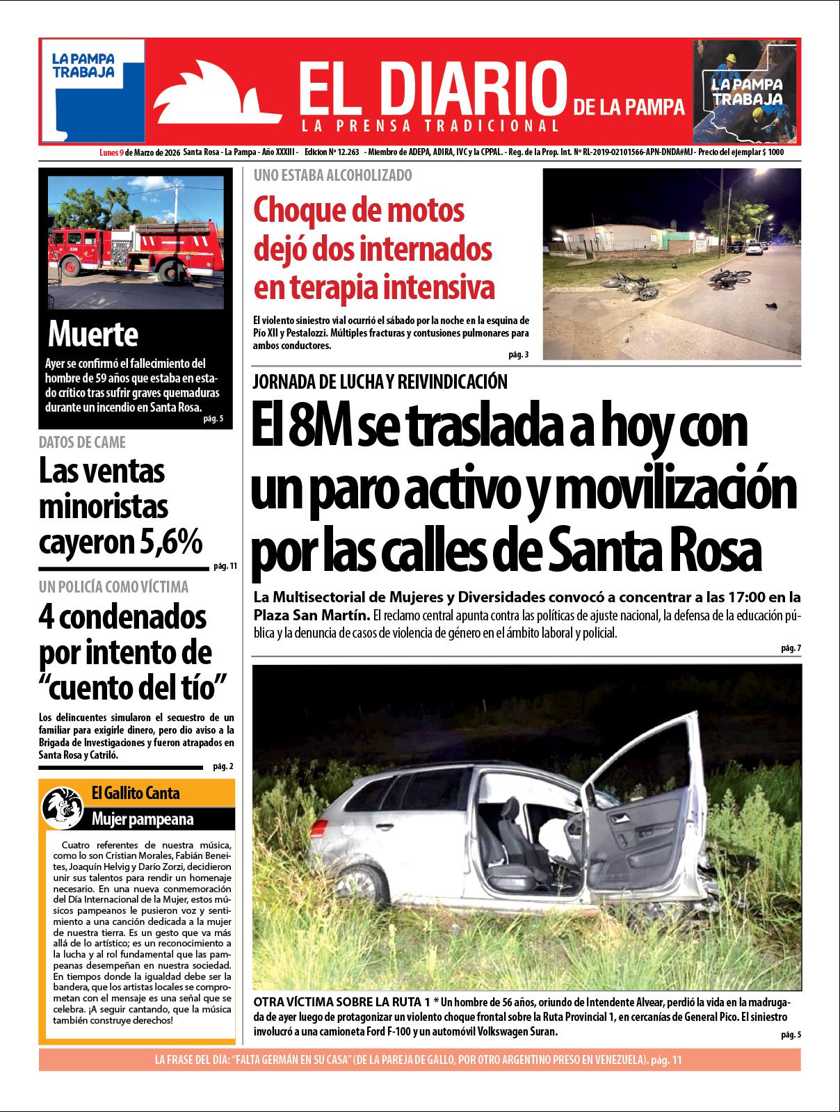 Tapa de El Diario en papel  lunes 09 de marzo de 2026